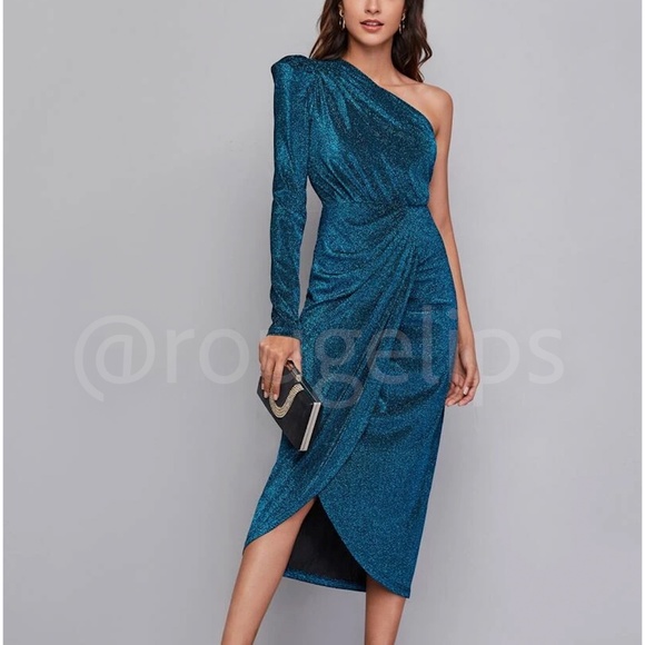Teal Blue Lurex Sparkly Asymmetrical Draped Midi Dress - Picture 1 of 8